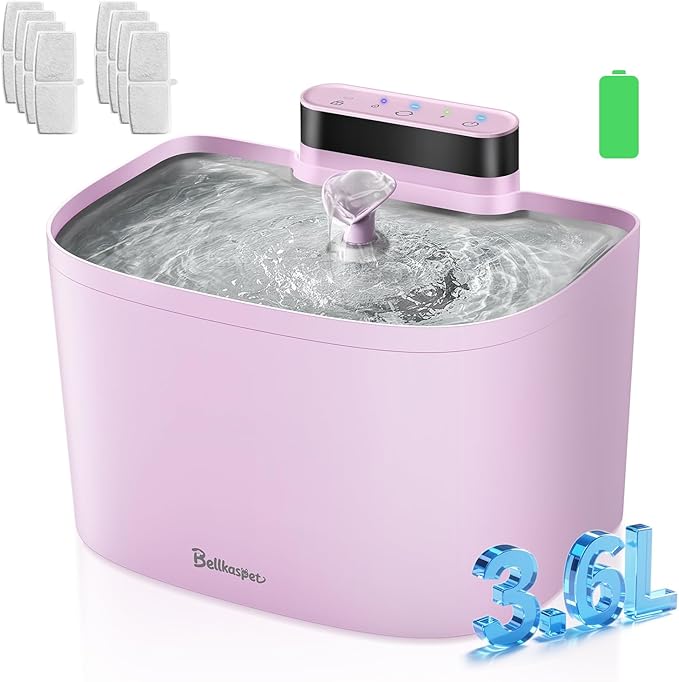 Cat Water Fountain, 122oz/3.6L Pumpless Wireless Cat Fountain, Cordless Water Fountains for Cats Indoor, Dog Pet Water Fountain Battery Operated with Stainless Steel Tray (Pink, Fountain+8 Fliters)