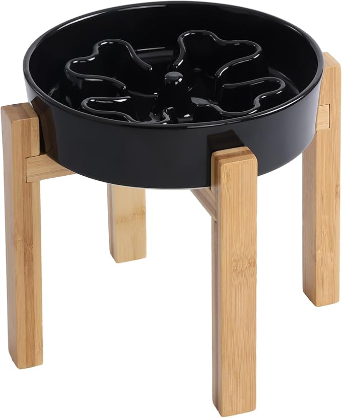 Slow Feeder,Ceramic-Slow Feeder Dog Bowls Elevated for Medium and Large Breed,2.5 Cups Slow Feed Dog Bowl with Stand,Black
