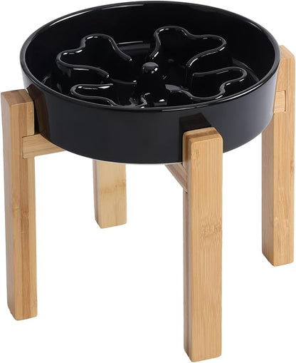 Slow Feeder,Ceramic-Slow Feeder Dog Bowls Elevated for Medium and Large Breed,2.5 Cups Slow Feed Dog Bowl with Stand,Black