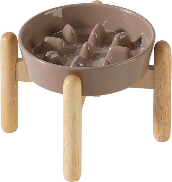 Ceramic 0.9 Cup Dog Raised Slow Feeder Set, Elevated Bowl with Wooden Stand for Small Dog, 6.1inch Pet Slow Feeder Dish for Fast Easters, Preventing Choking (Brown Coffee, Single Bowl+ Stand)