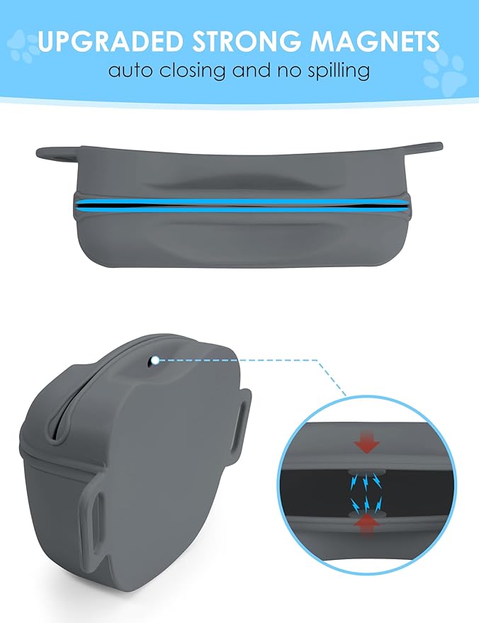 Dog Treat Pouch with Training Clicker, Upgrade Stronger Magnetic Closure to Avoid Spilling, 1.67 Cup Silicone Treat Bag Fanny Pack with Waist Belt for Pet Training Walking (Grey)