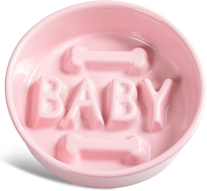 Ceramic Slow Feeder Dog Bowl, 4-Cup Anti-Slip Puzzle Feeder for Medium/Large Dogs, Indoor/Outdoor Pet Bowl for Fast Eaters - Pink