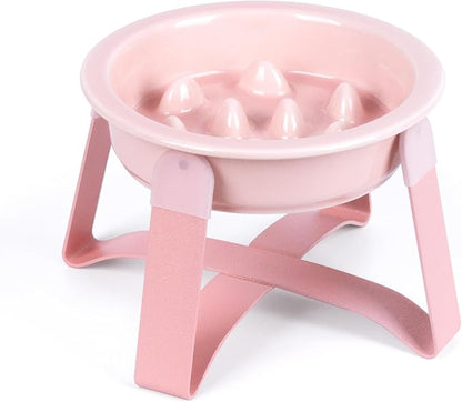 Slow Feeder Cat Bowl, Ceramic Cat Slow Feeder Bowl, Elevated Dog Food Bowl with Metal Stand, Raised Pet Slow Bowls for Dry and Wet Food, 6 Inches, Pink