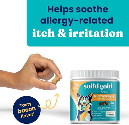 Solid Gold Dog Multivitamin - Soft Dog Vitamins & Supplements Chews - All-in-One Heart, Immune, Brain, Skin, Coat & Gut Health Support w/Vitamin C, B12, Probiotics & Antioxidants - Bacon Flavor 120ct
