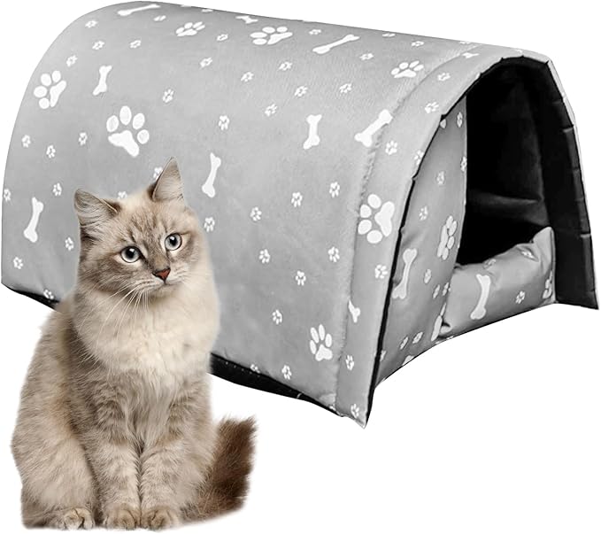 Fhiny Stray Cats Shelter, Waterproof Outdoor Cat House Foldable Warm Pet Cave for Winter Wild Animal Tent Bed Anti-Slip Kitten Cave for Feral Cat Dog Puppy Weatherproof Grey-L