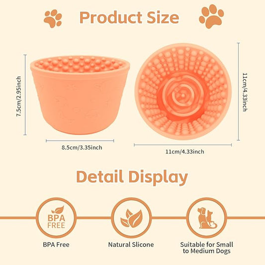 Dog Lick Bowl, Anxiety Relief Silicone Slow Feeder Treat Dispenser, Anti-chocking Pet Dish, Non-Slip Licking Bowl Interactive Entertainment Dog Puzzle Toy for Small & Medium-Light Orange