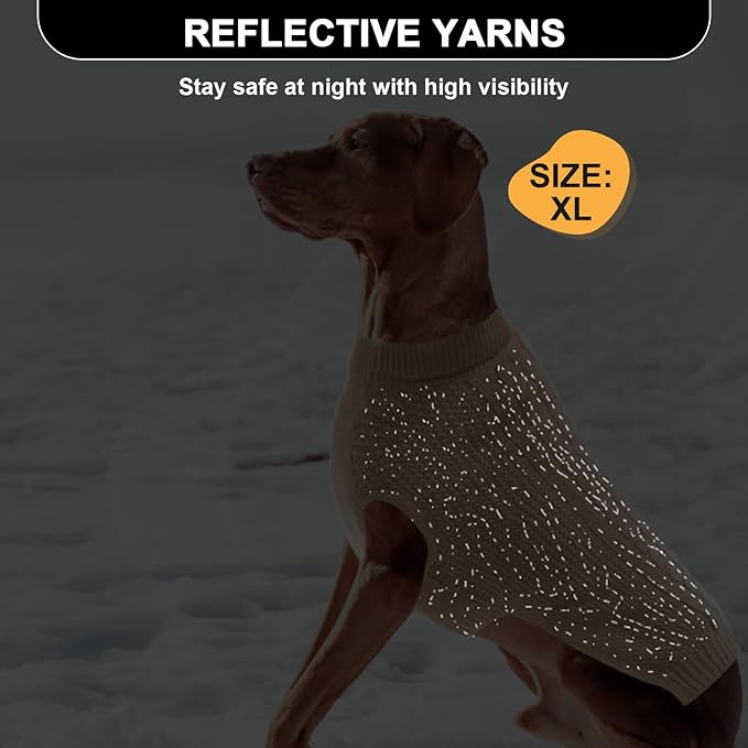 XXL Dog Sweater, Classic Cable Knit Warm Dog Sweatshirt with Reflective Yarn for Girl Boy, Halloween Fall Winter Coat Turtleneck Pullover Clothes Apparel for Small Medium Large Dogs, Khaki XXL