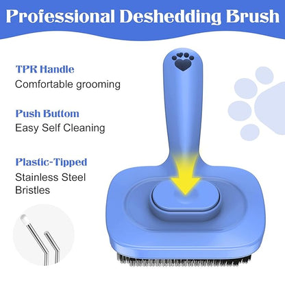 Self Cleaning Dog Brush for Shedding - Bristle Brush and Long/Short Needles Design, Skin Friendly, Slicker Deshedding Dog Brush, Hair Removal for Long & Short Haired Pets (Blue)