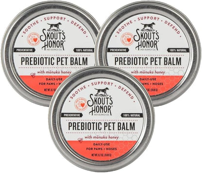 SKOUT'S HONOR Prebiotic Pet Balm - 100% Natural and Made w/Manuka Honey to Promote Healing of Your pet's paw Pads and Nose, Soothes Dry, Itchy Paws and Noses - Safe for Cats and Dogs, 0.7 oz, 3-Pack