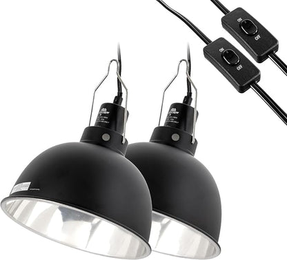 CAVACHEW 2 Pack Reptile Light Fixture, 8.5in Deep Dome Reptile Lamp Fixture, Optical Reflection Cover, Separate Switch & Hook, Terrarium Light Fixture for Reptile Heat Basking UVB Bulbs, 150W, Black