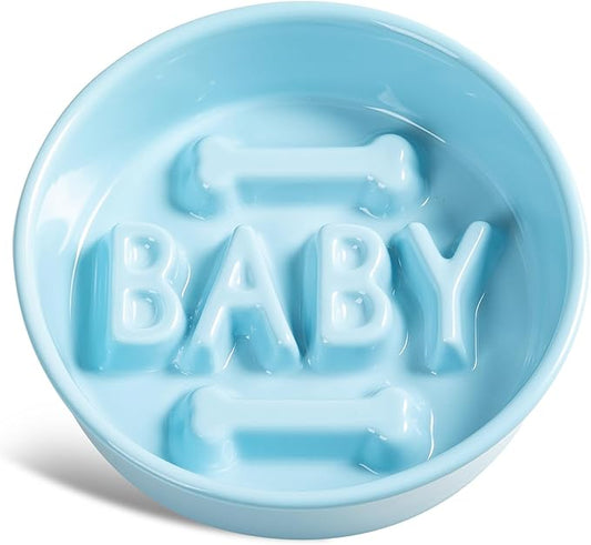 Ceramic Slow Feeder Dog Bowl, 4-Cup Anti-Slip Puzzle Feeder for Medium/Large Dogs, Indoor/Outdoor Pet Bowl for Fast Eaters - Blue