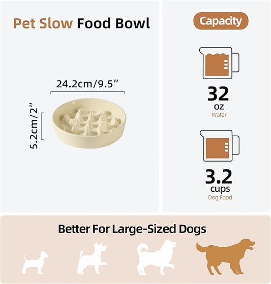 Ceramic 3.2 Cup Dog Bowl Slow Feeder, 9.5 inch Slow Pet Food Dish for Large Dog, Stop Bloat, Preventing Choking(Single Bowl, Beige)