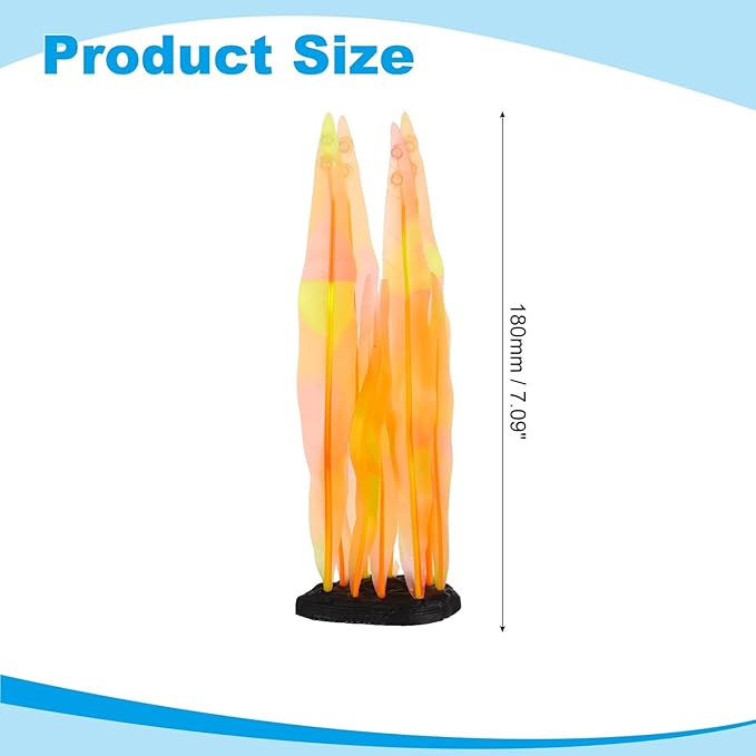 Aquarium Decoration, 7" Plastic Fish Tank Plants Artificial Silicone Glowing Kelp Aquarium Plants Ornament, (Orange, 1 Pcs), Intended for Tall Fish Tank Decor/Landscaping