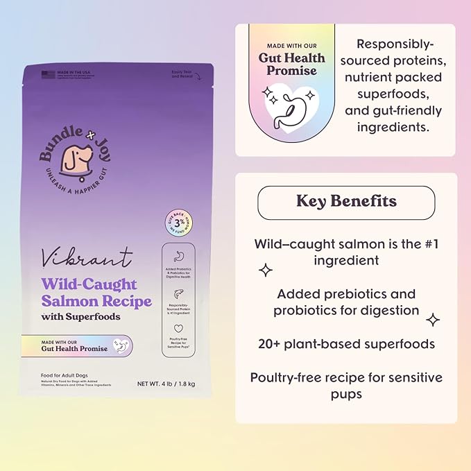 Bundle x Joy Vibrant Salmon Probiotic Dog Food Dry, 4lb Bag, Allergy and Gut-Friendly Adult Kibble for Digestive Health with Wild-Caught Salmon, 20 Plant Based Superfoods, Beef and Poultry Free