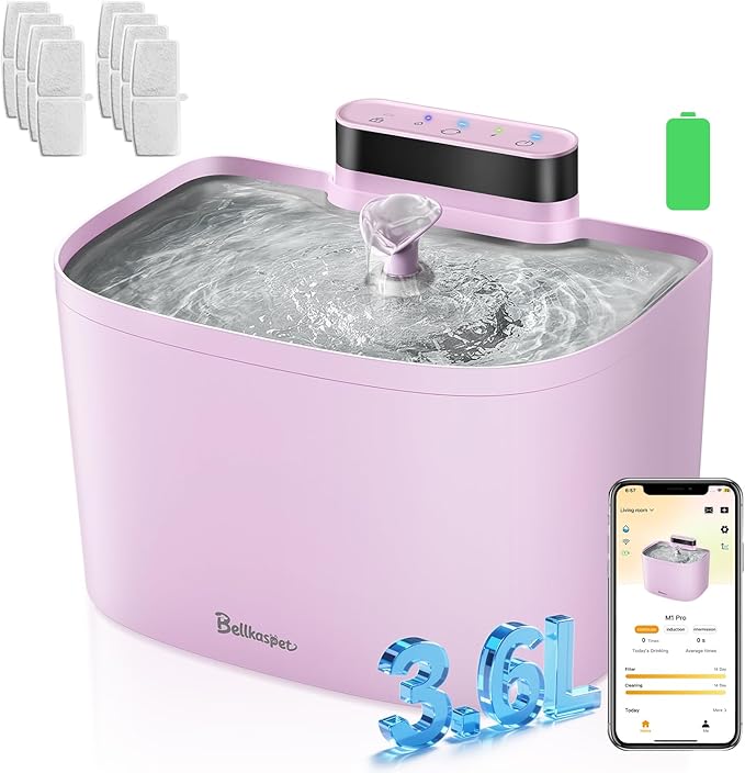 Cat Water Fountain, App Control Wireless Cat Fountain, 122oz/3.6L Pumpless Water Fountains for Cats Indoor with Stainless Steel Tray, Wi-Fi Dog and Pet Water Fountain (Pink, Fountain+8 Fliters)