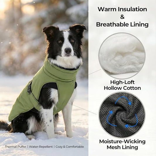 Puffer Dog Winter Coat for Rain and Snow, Water-Repellent and Windproof Jacket Keeps Dogs Warm and Dry, High Collar and Harness Opening Design, Ideal Dog Stocking Stuffer (Green, Small)