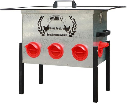 45LB Large Automatic Chicken Feeder, 8 Feeding Ports, No-Waste Poultry Feeder, Squirrel Proof Metal Chicken Feeder, with Adjustable Legs & Locking Lid and Waterproof Panel