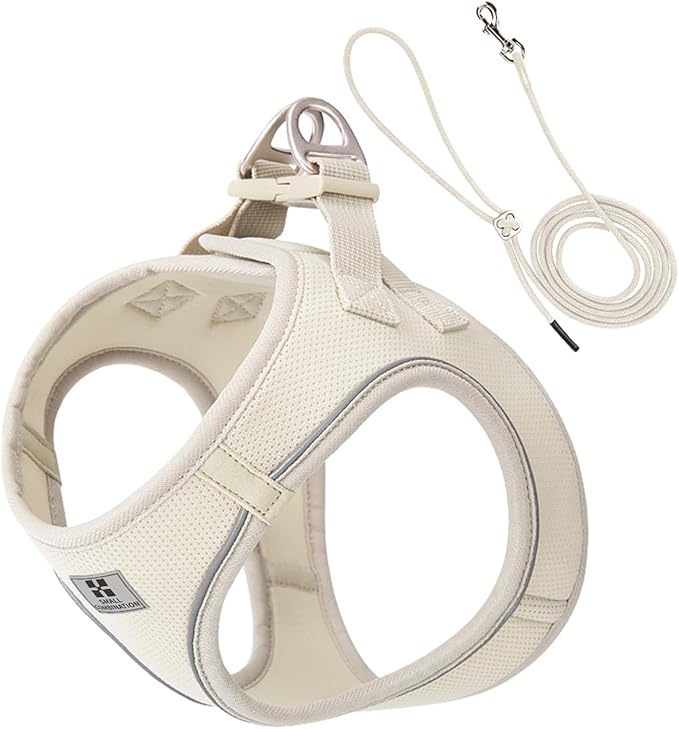 Adjustable Dog Harness with Leash, Reflective Mesh, No-Pull Design，Matching Lead Rope (Cream-Coloured, XXS)