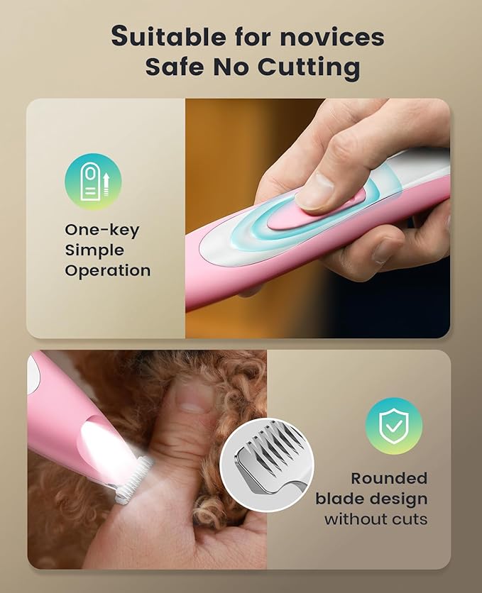 oneisall Low Noise Dog Paw Trimmer with LED Light, Paw Trimmer for Dogs 0.8inch/20mm Widen Blade, 35dB Cordless Electric Pet Paw Grooming Clippers for Paws, Ears, Face, Rump (Pink)