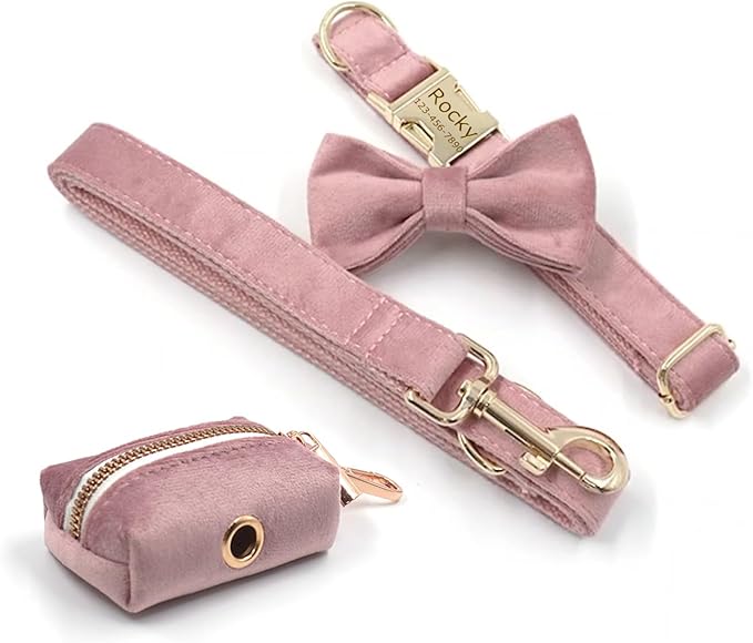Personalized Velvet Dog Collars with Pet Name Phone Number Engraved, Custom Adjustable Soft Collar with Metal Buckle for Small Medium Large Dogs, Dog Leash and Bow Tie Available -Champagne Pink