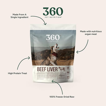 360 Pet Nutrition Freeze-Dried Raw Beef Liver Dog Treats – Single Ingredient, High Protein, Grain-Free, All-Natural Training Snacks, Made in USA, 4 oz