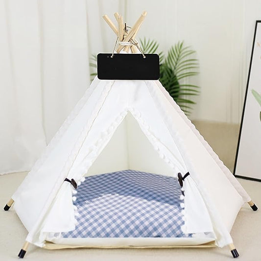 Cat Teepee Tent Bed,Outdoor Indoor Dog House,Portable Washable Pet Tent for Small Dogs with Cushion,Inside Pet Teepee for Small Medium Animals (Blue&White, M)