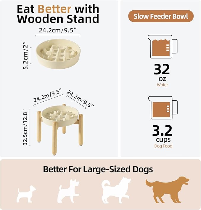 Ceramic 3.2 Cup Dog Raised Slow Feeder Set, Elevated Bowl with Wooden Stand for Large Dog, 9.5inch Slow Feeder Dish for Fast Easters, Anti-Gulping(Beige, Single Bowl+ Stand)