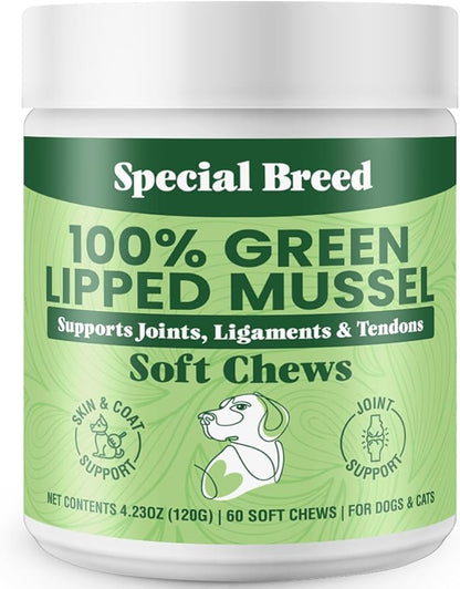 Green Lipped Mussel for Dogs & Cats - 60 Soft Chews - New Zealand Green Lipped Mussels - Natural Hip & Joint Supplement for Joints, Tendons, Ligaments, Muscles