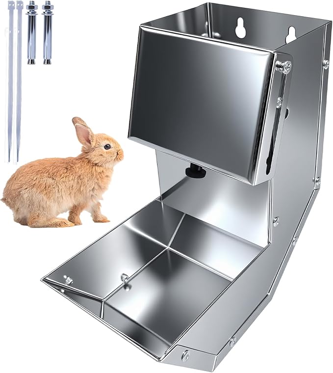 Rabbit Feeder - Small Animal Stainless Steel Gravity Feeding Trough with Lid, Outdoor Durable Cage Feeder Holds Several Days' Food (4 Inch/1.5Lbs)