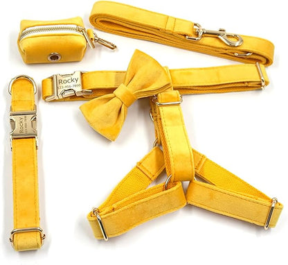 Personalized Velvet Dog Collars with Pet Name Phone Number Engraved, Custom Adjustable Soft Collar with Metal Buckle for Small Medium Large Dogs, Dog Leash and Bow Tie Available -Ginger
