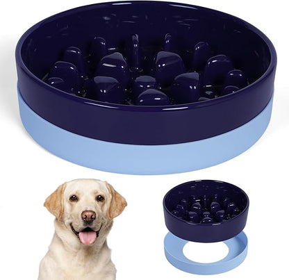 Sted Ceramic Slow Feeder Dog Bowl for Medium Large Breed, Puzzle Dog Food Bowl with Silicone Base, Maze Blue