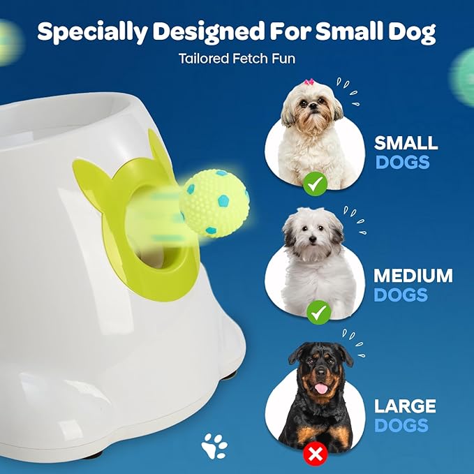 Automatic Small Dog Ball Launcher - Remote Control Interactive Fetch Machine Thrower for Small and Medium Sized Dogs with 6 High-Bounce Washable Latex Balls, Training Clicker, and Whistle – White