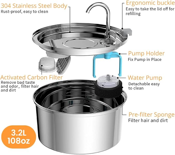 Stainless Steel Cat Water Fountain Automatic Drinking Fountain, Quiet Circulating Water Bowl, Dishwasher Safe, Indoor Pet Fountain for Hydrated Healthy Cats (Stainless Steel, 3.2L Corded)