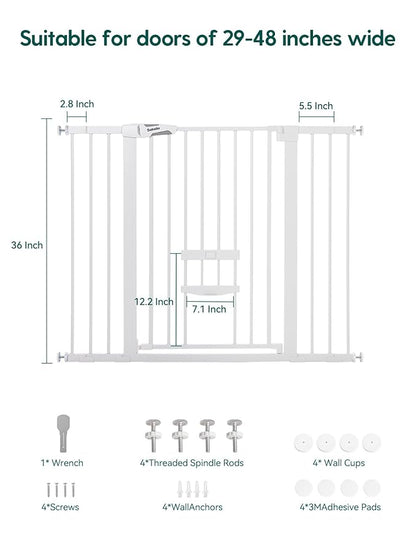 BABELIO 36 Inch Extra Tall Baby Gate with Cat Door, 29-48" Metal Pet Door for Stairs, Doorways, Auto Close, Easy Walk Thru,White