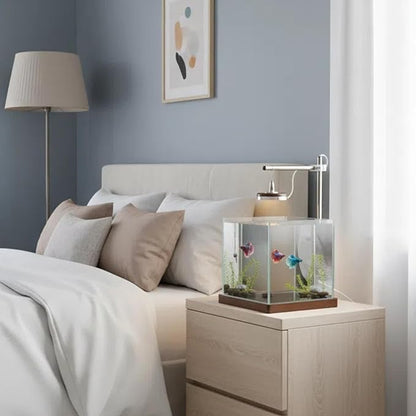 1.8 Gallon Fish Tank with LED Light & Wood Stand - 8 Inch Nano Aquarium Betta Tank Starter Kit - Includes Cleaning Tool, Cloth & Mat for Desktop, Office, Bedroom