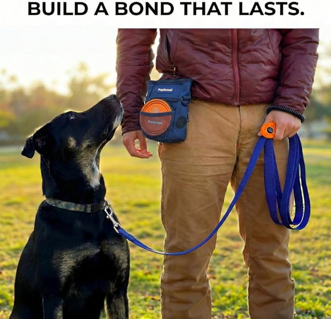 PupSensei Dog Training Kit & Puppy Starter Set with 30ft Long Leash – Complete Recall System w/Magnetic Treat Pouch, Clicker, Collapsible Bowl & Waste Bags – Professional Tools (Navy Blue)