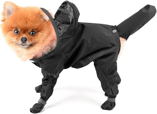 SMALLLEE_LUCKY_STORE Cute Raincoat for Small Dogs with Hood and Boots Detachable Tail Puppy Botton Down Rain Jacket Full Boby 4 Leg Jumpsuit Waterproof Lightweight Clothes,Black,XXL