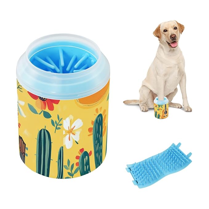Dog Paw Cleaner Cups for Dogs Pet Foot Washer Paw Scrubber for Medium Small Dogs Cats Cleaning Cup Cute Yellow Fiesta Guitars Cacti and Ethnic Birds