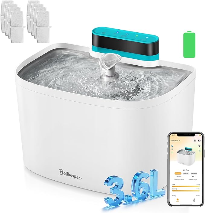Cat Water Fountain, App Control Wireless Cat Fountain, 122oz/3.6L Pumpless Water Fountains for Cats Indoor with Stainless Steel Tray, Wi-Fi Dog and Pet Water Fountain (White, Fountain+8 Fliters)