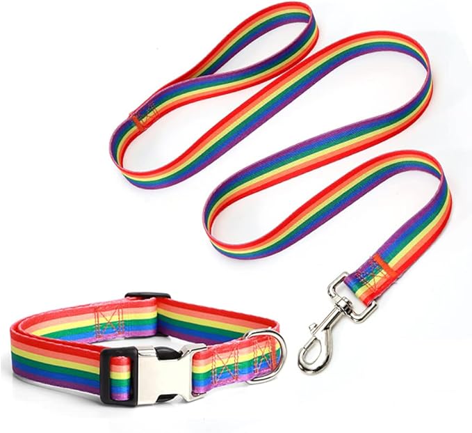 Dog Collar and Leash Set, Quick Release Buckle Soft Durable Print Puppy Collars Adjustable for Small Medium Large Pet Male Dogs Boy Cat Rainbow M