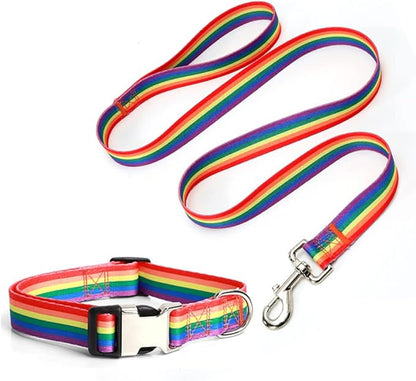 Dog Collar and Leash Set, Quick Release Buckle Soft Durable Print Puppy Collars Adjustable for Small Medium Large Pet Male Dogs Boy Cat Rainbow M