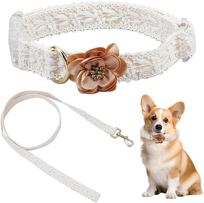 PLIGREAT Lace Puppy Collar, Beige Dog Collar and Leash Set Adjustable Lace Dog Collars with Flower Handmade Embroidered Metal Clasp for Large Dogs Pet Wedding Party Birthday Outfit, L