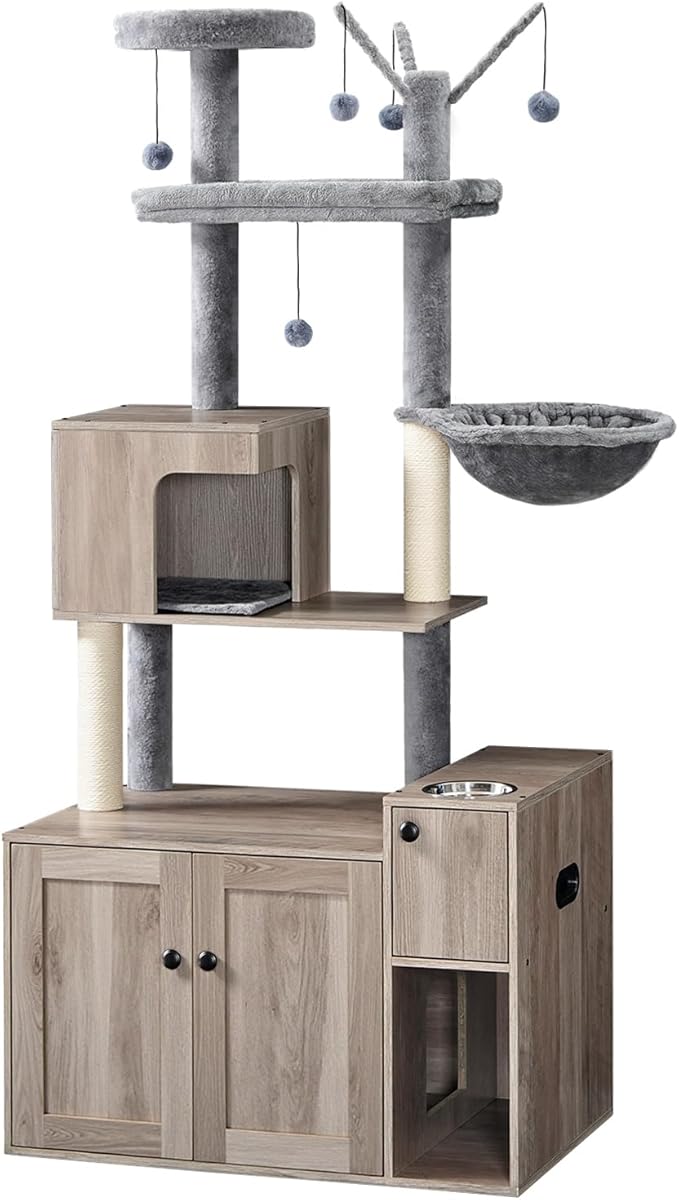 HOOBRO Cat Tree with Litter Box Enclosure, 68.9" H Cat Tower with Food Bowl and Storage, Hidden Litter Enclosure Furniture, All-in-One Modern Cat Condo, with House, Hammock and Perch, Greige BG80MZ03