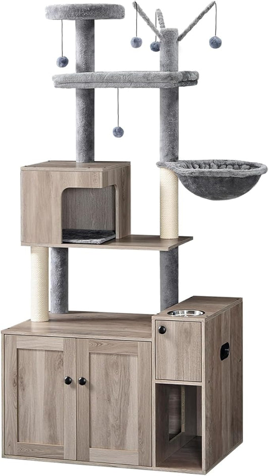 HOOBRO Cat Tree with Litter Box Enclosure, 68.9" H Cat Tower with Food Bowl and Storage, Hidden Litter Enclosure Furniture, All-in-One Modern Cat Condo, with House, Hammock and Perch, Greige BG80MZ03