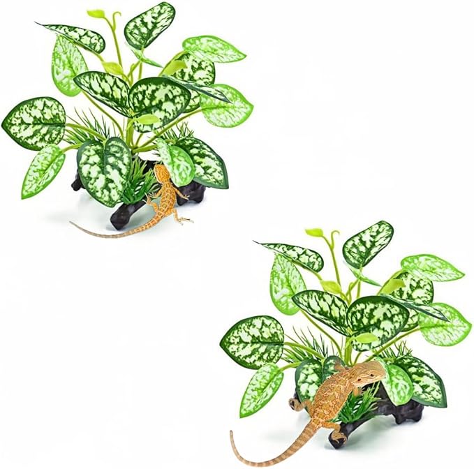 MRTIOO 2 pcs Reptile Artificial Plants, Terrarium Plants Decorations Supplies, Amphibian Habitat Hideout Tank Accessories, Rainforest Ground Plant