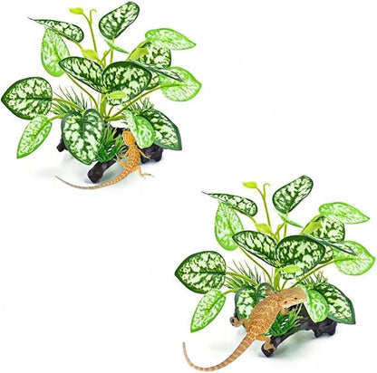 MRTIOO 2 pcs Reptile Artificial Plants, Terrarium Plants Decorations Supplies, Amphibian Habitat Hideout Tank Accessories, Rainforest Ground Plant