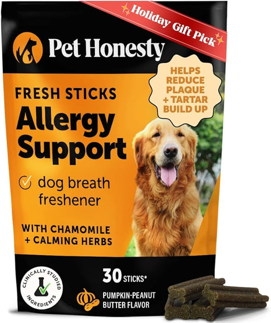 Pet Honesty Allergy Support Fresh Dental Sticks - Dental Treats for Dogs - Dental Dog Chews - Immune Health + Allergy Support for Dogs - Freshen Dog Breath, Reduce Plaque + Tartar - 30 Sticks