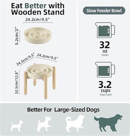 Ceramic 3.2 Cup Raised Slow Feeder Dog Bowl Set, Elevated Bowl with Wooden Stand for Large Dog, 9.5inch Puzzle Slow Pet Food Dish, Anti-Gulping(Beige, Single Bowl+ Stand)