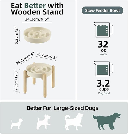 Ceramic 3.2 Cup Raised Slow Feeder Dog Bowl Set, Elevated Bowl with Wooden Stand for Large Dog, 9.5inch Puzzle Slow Pet Food Dish, Anti-Gulping(Beige, Single Bowl+ Stand)