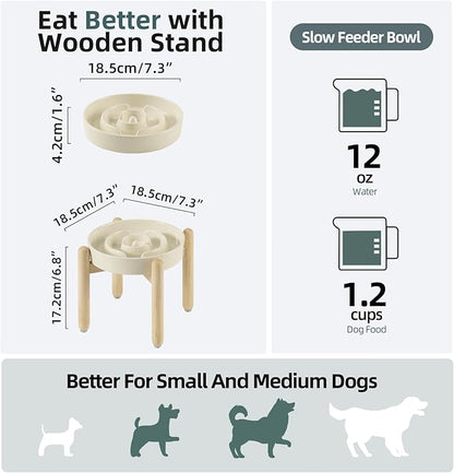 Ceramic 1.2 Cup Raised Slow Feeder Dog Bowl Set, Elevated Wooden Stand for Medium and Small Dog, 7.3inch Puzzle Slow Dish, Anti-Gulping(Beige, Single Bowl+ Stand)